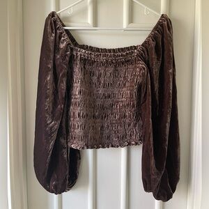 Anthropologie Brown Velvet Smocked Puffed Sleeve Top
